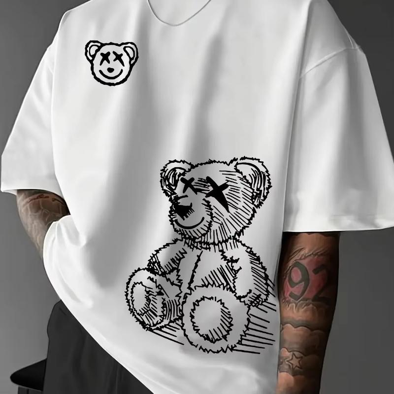 Modisches Cartoon-Bärenmuster Rundhals Kurzarm-T-Shirt Herren Locker Sportoberteil Neutrales Freizeithemd