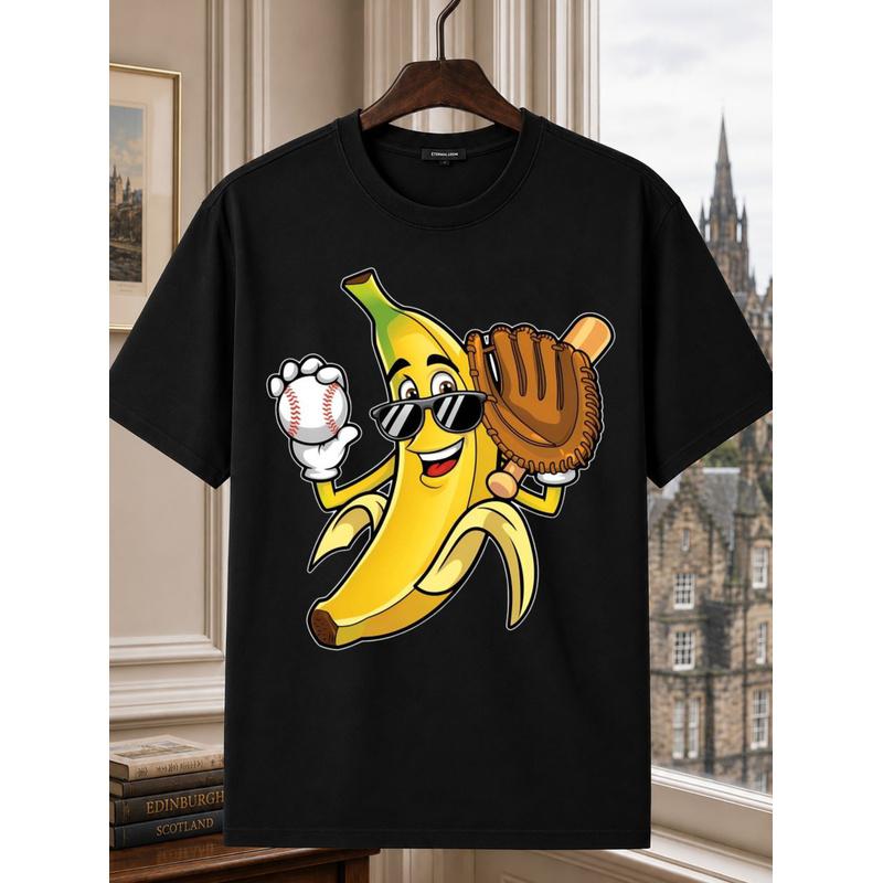 Men'S Shirt Cool Banana Baseball Player Graphic T-Shirt Cartoon Fruit with Glove Ball And Crew Neck Short Sleeve