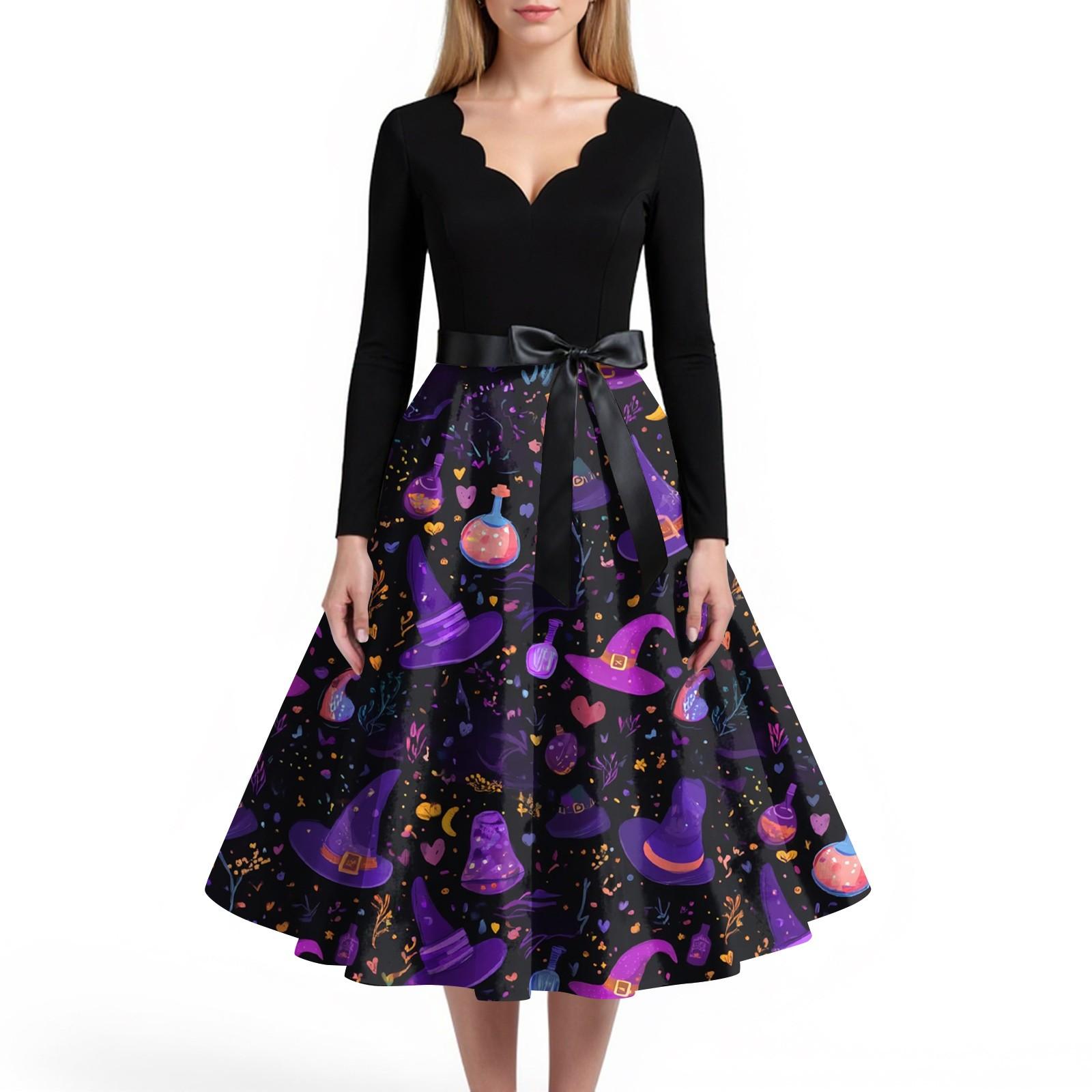 

Женское повседневное и модное платье с V-образным вырезом и длинными рукавами с принтом на Хэллоуин XXXL фиолетовый