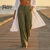 Bequeme Hose Baumwolle Leinen Weites Bein für Damen, Lockerer Knopf Elastischer Bund Arbeitsbund Freizeit Hose, Einfarbige Palazzo mit Taschen