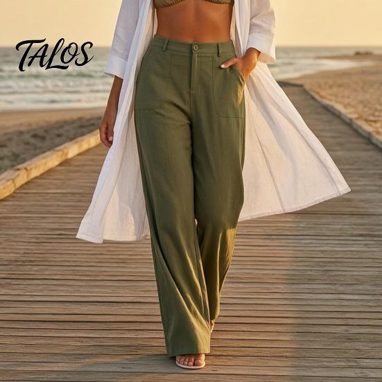 Bequeme Hose Baumwolle Leinen Weites Bein für Damen, Lockerer Knopf Elastischer Bund Arbeitsbund Freizeit Hose, Einfarbige Palazzo mit Taschen