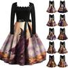 Women's Vintage Long Sleeve Square Neck Halloween Print Evening Dress for Party Occasions