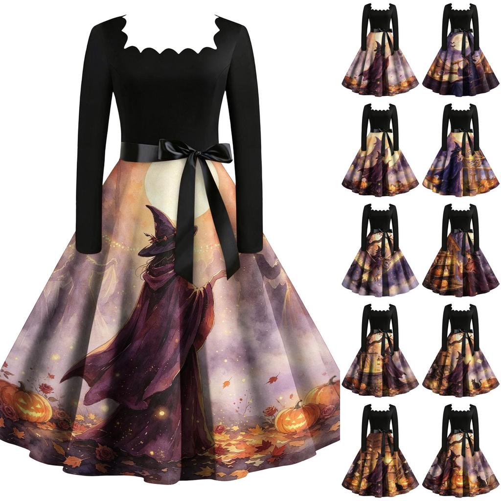 Women's Vintage Long Sleeve Square Neck Halloween Print Evening Dress for Party Occasions