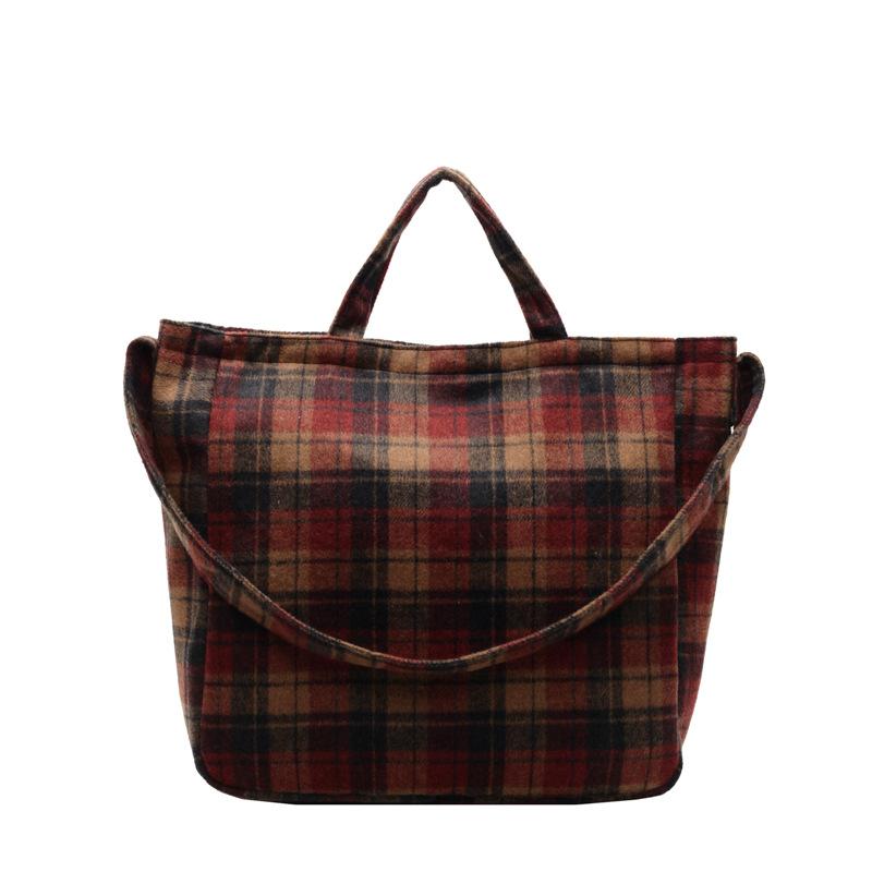 New autumn and winter woolen plaid tote bag women's leisure large-capacity college style shoulder bag underarm bag