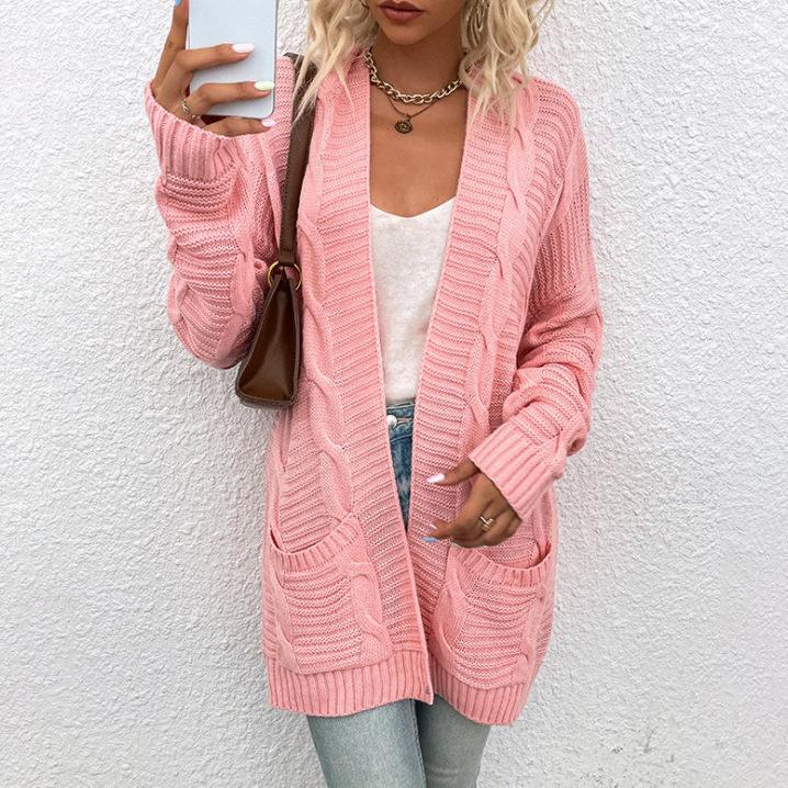 Autumn and winter loose casual twist knitted cardigan European and American pocket medium and long sweater jacket