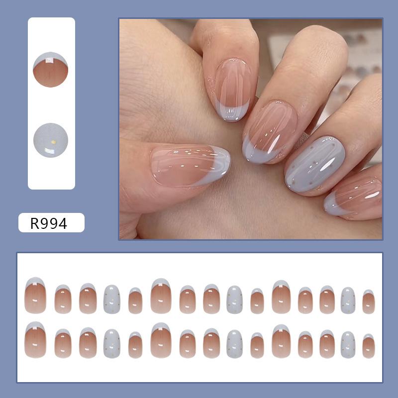 24 Pieces milk blue French style gradual change polka dot temperament white summer atmosphere nail patch removable wearable nail 30 pieces