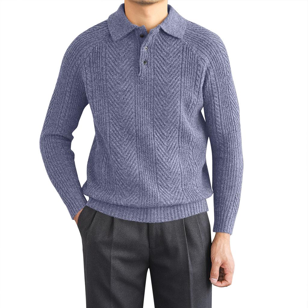 Men's Solid Color Knitted Buttons Lapel Long Sleeve Top Men's Casual Fashion Long Sleeve Top