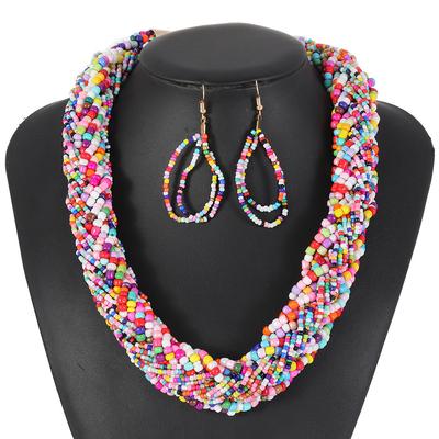 Bohemian Style European Colorful Multi-layer Rice Beads Handmade Woven Necklace Earrings Set