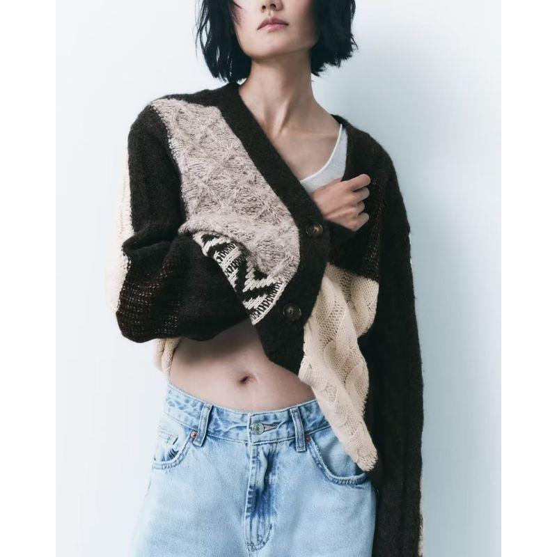 Za Fall and Winter New Preppy Style Cable-Knit Sweater Cardigan V Neck Loose and Idle Patchwork Knitting Outwear 9874104