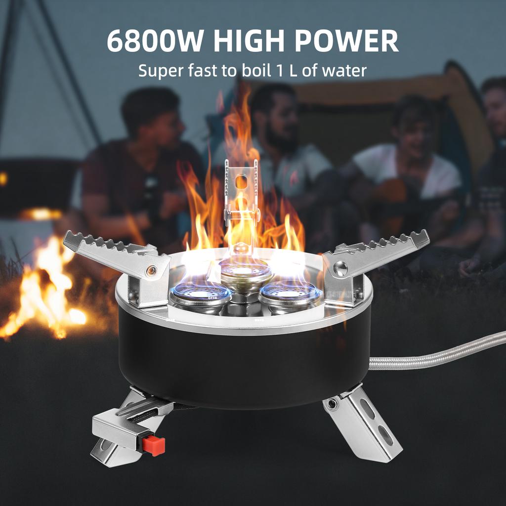 6800W Camping Gas Stove Folding 3 Burners Piezo Ignition Backpacking Stove Outdoor Cooking Stove Furnace for Camping Hiking