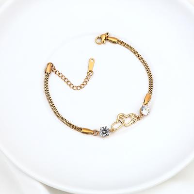 Bonito romântico duplo coração strass aço inoxidável cobra corrente pulseira para mulheres elegante festa de aniversário presente jóias