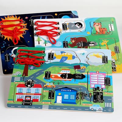 Wooden Baby Multi-functional Busy Board Unlocking and Threading Rope Hand-eye Coordination Life Skills Training Educational Toys