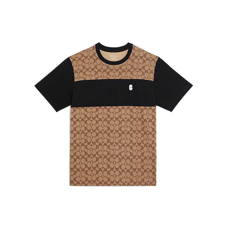 COACH SS22 Men Logo Full Print Patchwork Short Sleeve T-shirt Khaki C9602-OFZ