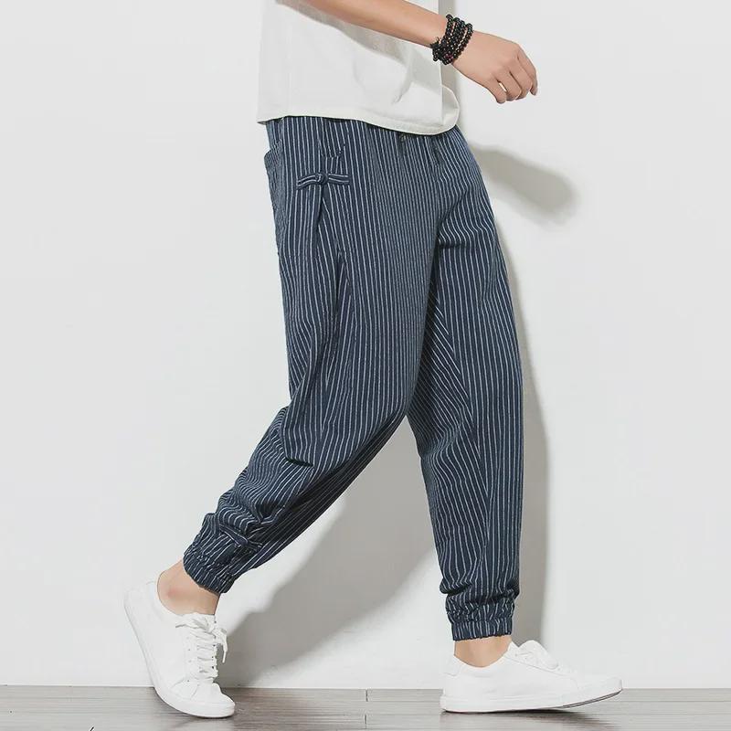 2023 Summer Men's Breathable Cotton-Linen Chinese Style Harem Pants with Frog Button