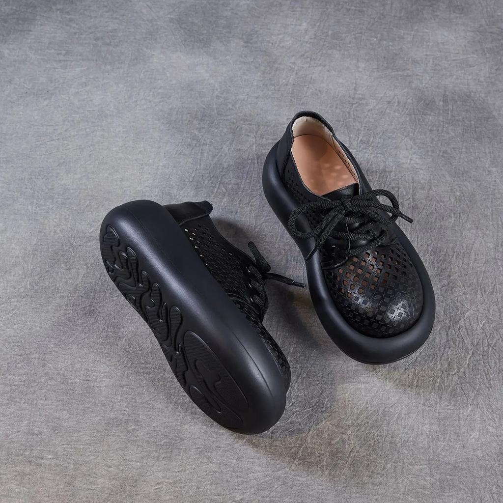 Johnature Hollow Out Thick Soled Shoes Genuine Leather Breathable Lace-up Women's Platform Sandals