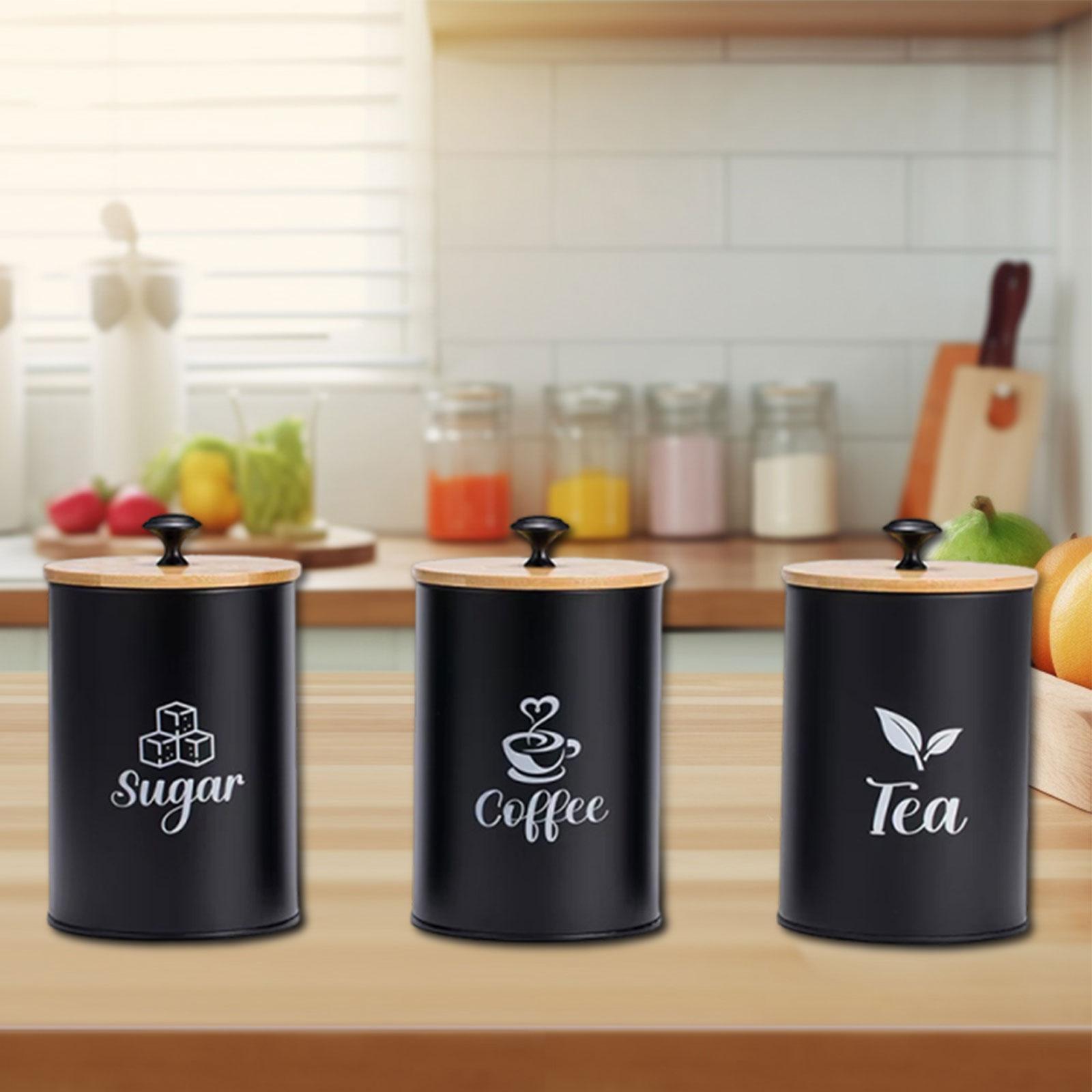 Durable Galvanized Iron Kitchen Canisters Set with Bamboo Lids Tea Coffee Sugar Container for Pantry Storage чёрный