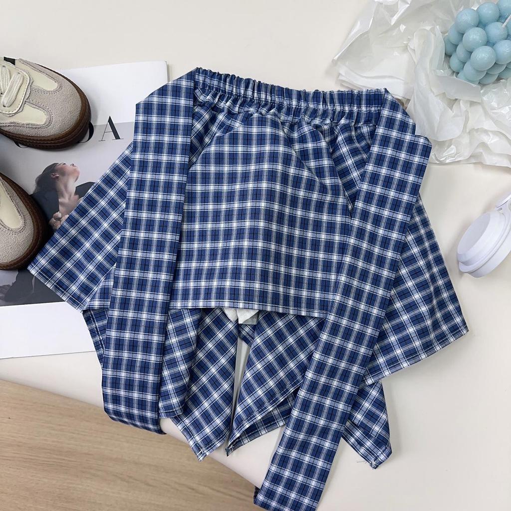 Girls' Korean Style Checkered Skort with Short Sleeve Top - EXB019