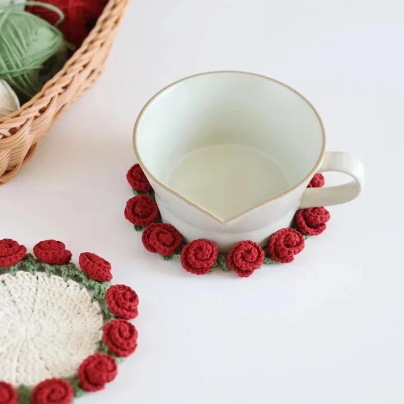 Crochet Coaster Rose Flower Coaster Crochet Flower Placemat Rose Bouquet Cup Pad Coffee Mug Cup Mat Mother's Day Gift