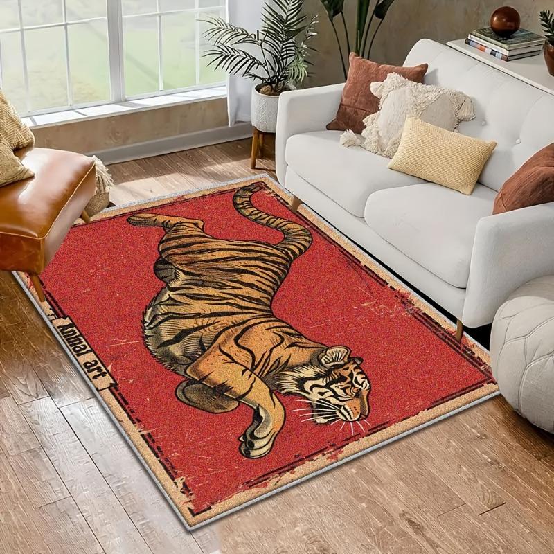 Tiger Patterned Carpets for Dormitories and Living Rooms, Animal Patterns, Red Home Decor Mats for Both Indoor and Outdoor Use