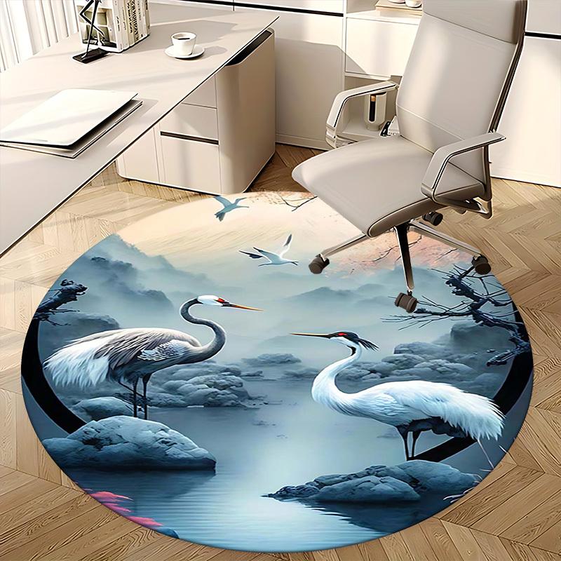 1pc Anime Crane Design Round Carpet Office Chair Mat, Non Slip Rug for Home Decor, Gift, Office, Living Room, Bedroom