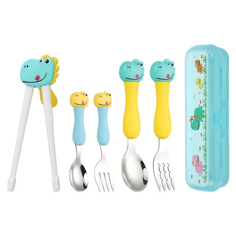 304 Stainless Steel Baby Tableware Set - Includes Spoon, Fork, Anti-Fall Cute Cartoon Chopsticks for Kids