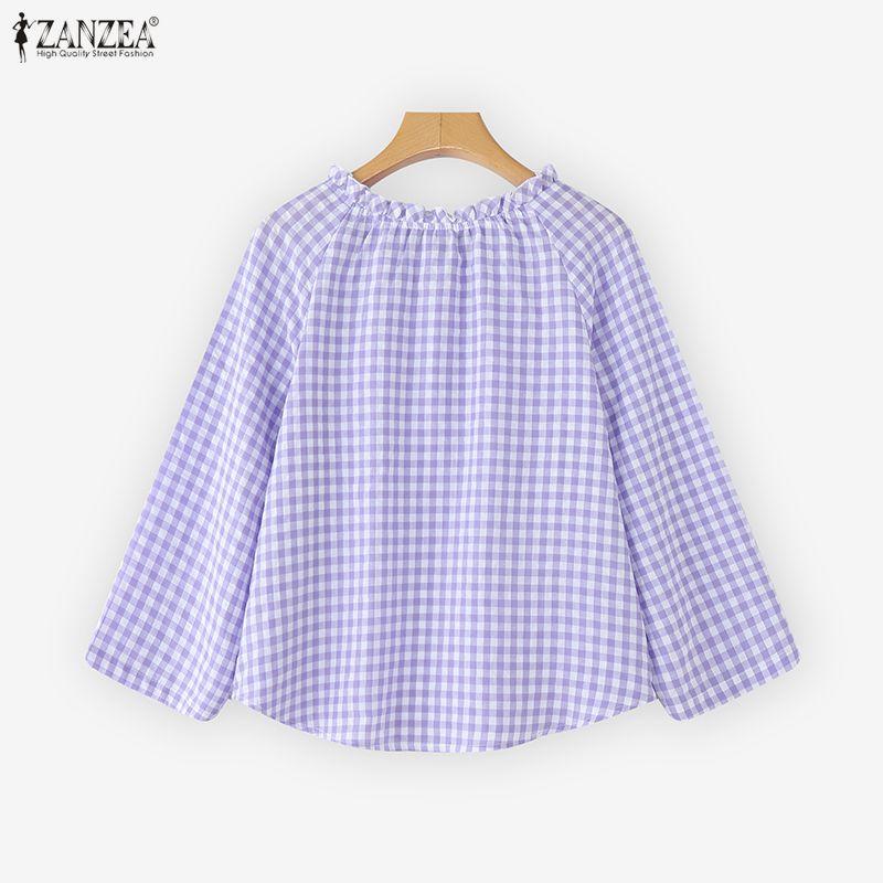 ZANZEA Women Plaid Print Casual Round Neck Long Sleeve Blouse