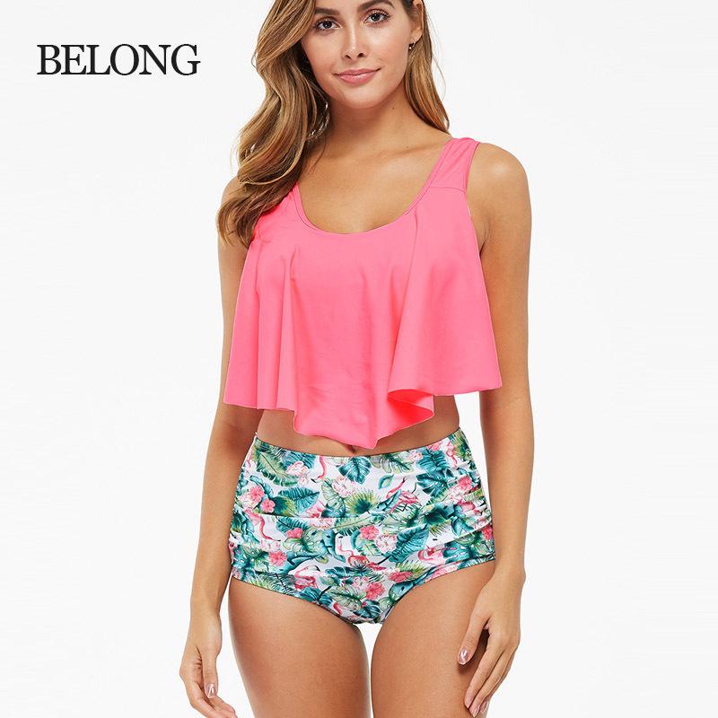 Large Size Women's Fashion Modest Two Pieces Swimsuit Padded Ruffled Top High Waisted Bottom Swimwear Set Printed Backless Tankini Bathing Suit