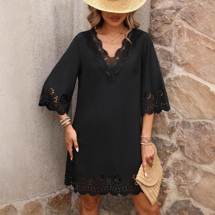 Summer Women Loose High Waist A Line Dress V Neck Lace Burnt Flower Half Sleeve Solid Color Sizes S XL
