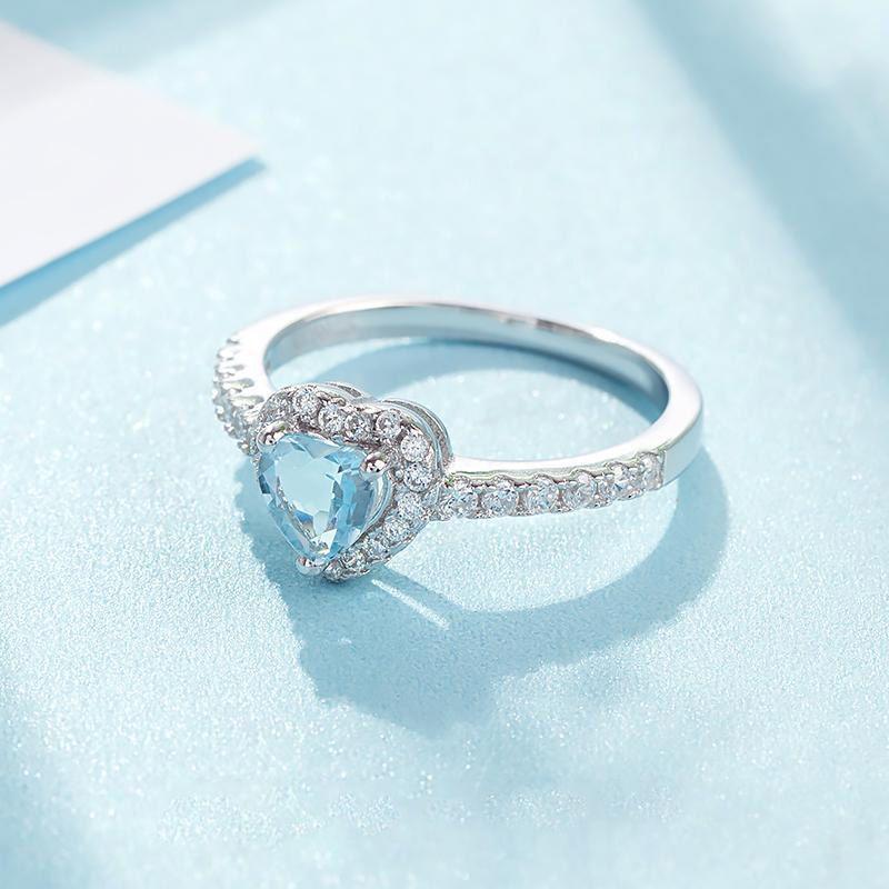 Japanese Style Silver-Plated Aquamarine Zircon Peach Heart Ring for Women - Elegant Light Luxury Engagement Gem