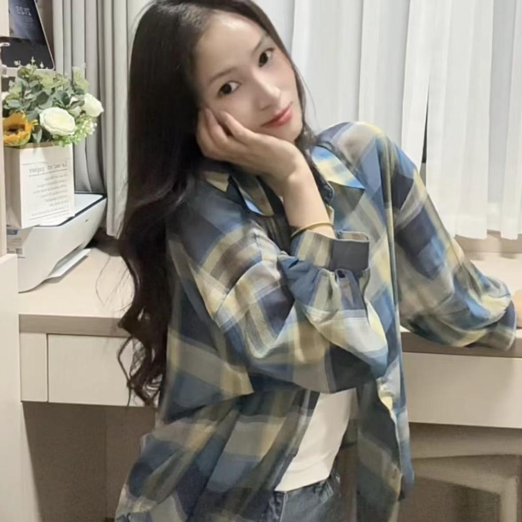 Summer Womens Lightweight Checkered Shirt Long Sleeve Open Front Cover Up Blouse Thin Breathable Top