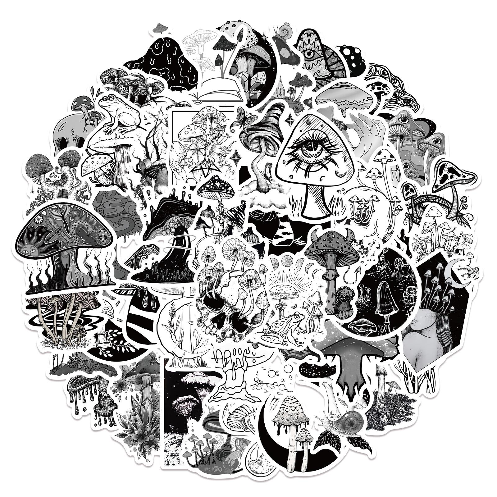 

50 Black and White Gothic Style Mushroom Crow Stickers Decorate Suitcase Notebook Waterproof Stickers