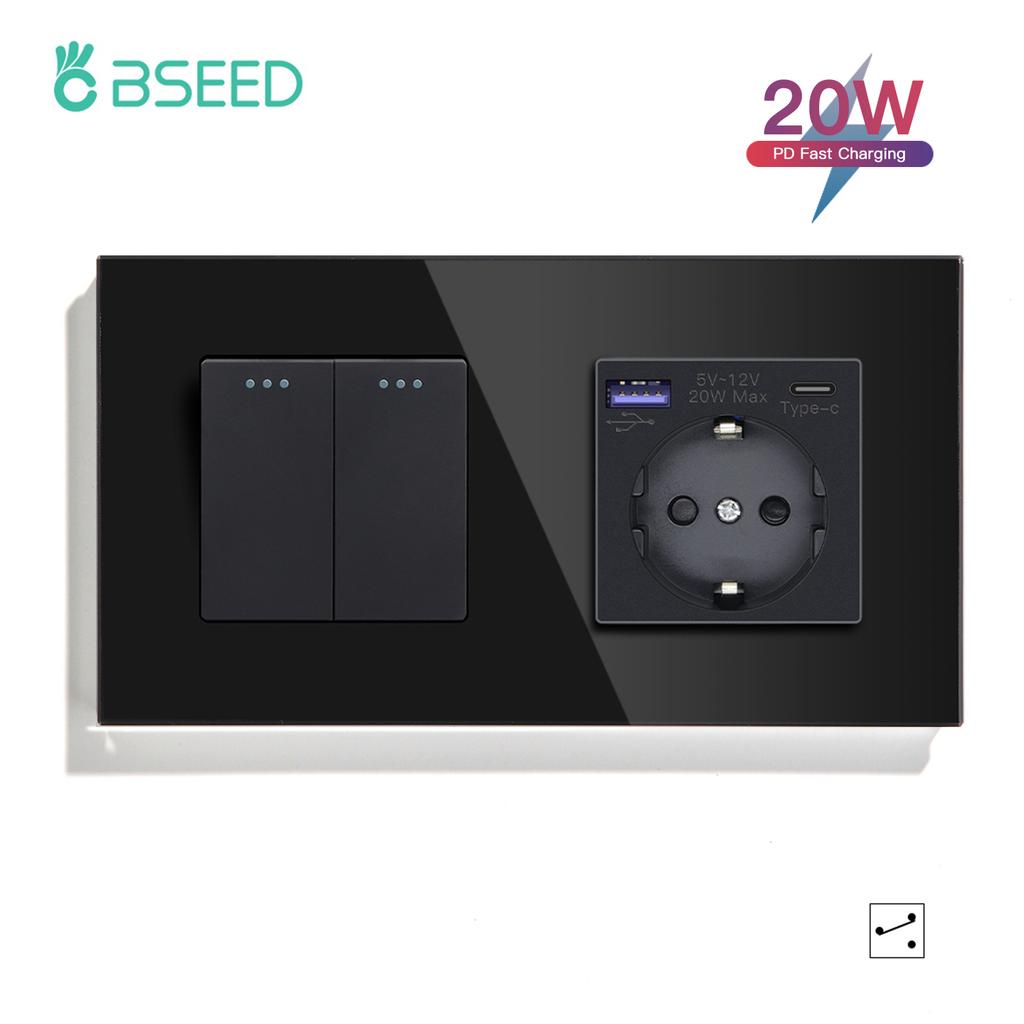 BSEED 1/2/3Gang Mechanical Light Switches 2way For Stairs Corridors with EU Power Sockets USB Type-c Ports Glass Panel Black