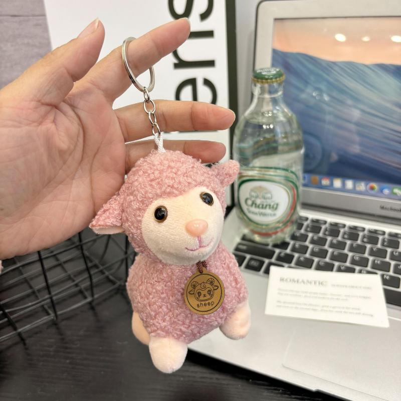 Cute Soft Plush Sheep Keychain Fluffy Straw Hat Plaid Bow 1Pcs Portable Key Ornament for Travel Backpack Decor