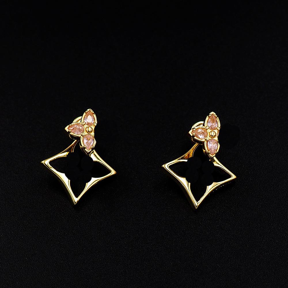 Серьги-гвоздики с буквой V, полые квадратные, с четырехлистником, розовым бриллиантом, женские серьги-цветы с розовым бриллиантом