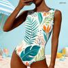Women Plus Size High Round Neck Sleeveless Abstract Fruit Printed One Piece Swimsuit