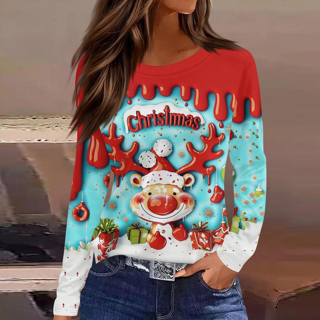 Damenmode Lässig Schlitz Saum Rundhals Langarm Lose Bedrucktes T-Shirt Damen Top