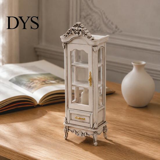 Doll Mansion Interior Accessories Miniature Curio Cabinet, 1/12 Scale Mini Wine Wooden Tiny Display Cabinet with Drawer, Vintage Furniture for Living
