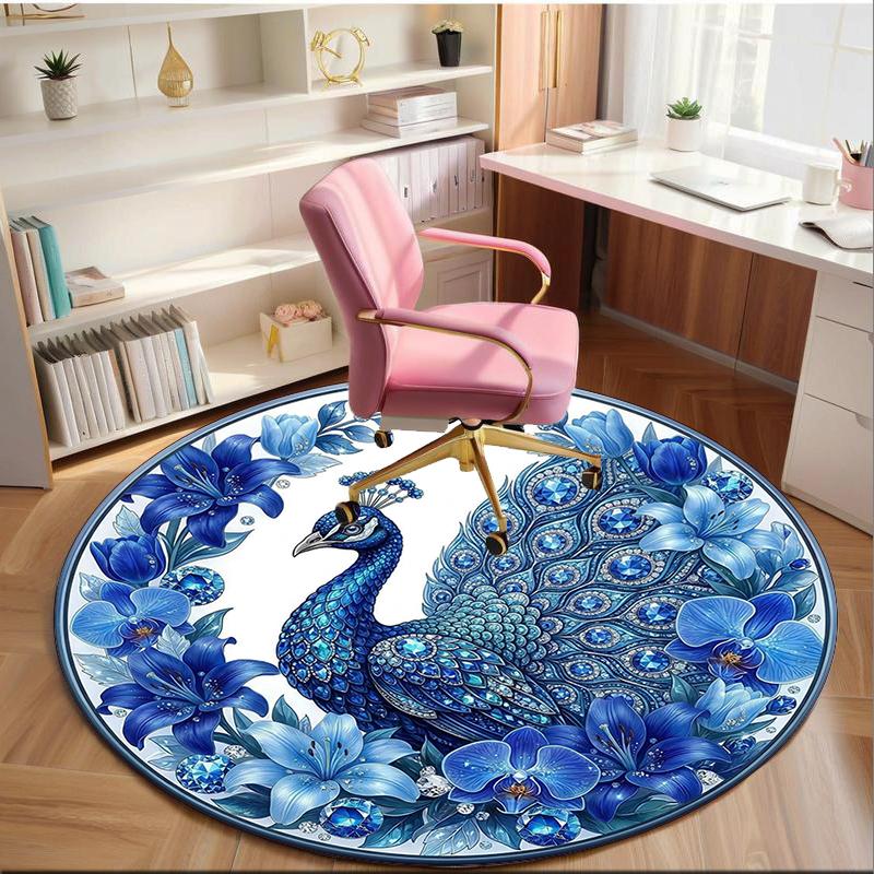 Blue Peacock Floral Art Round Carpet Chair Cushion Round Entryway Rug, Soft Round Rugs for Living Room, Bedroom, Circle Carpet Decor Gifts