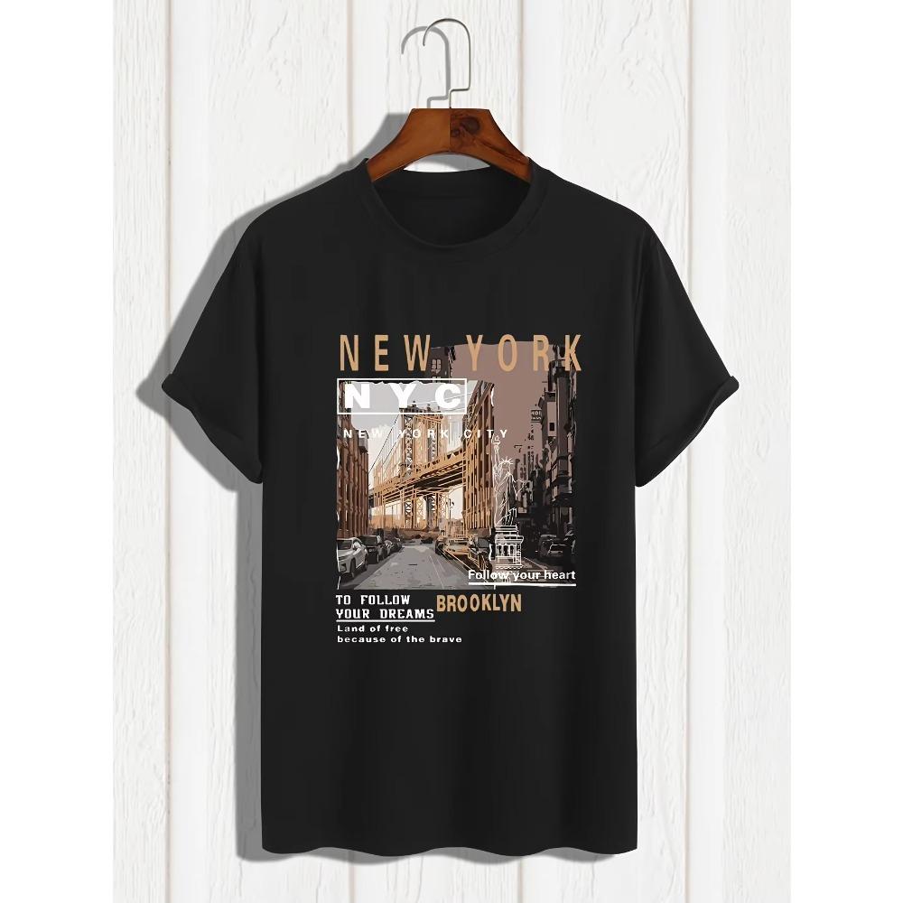 Men's 100% cotton summer loose fitting casual New York print round neck short sleeved T-shirt top