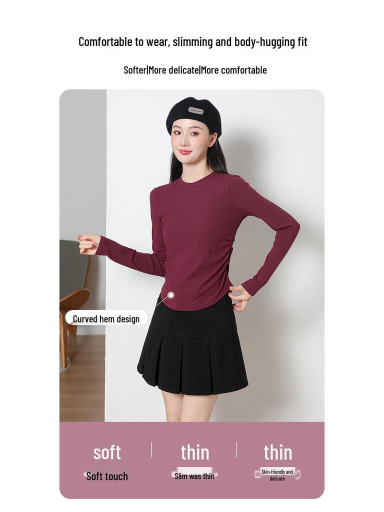 Spring/Summer Women's Slim Fit Mulberry Silk Crew Neck Long Sleeve Base Layer T-Shirt - White