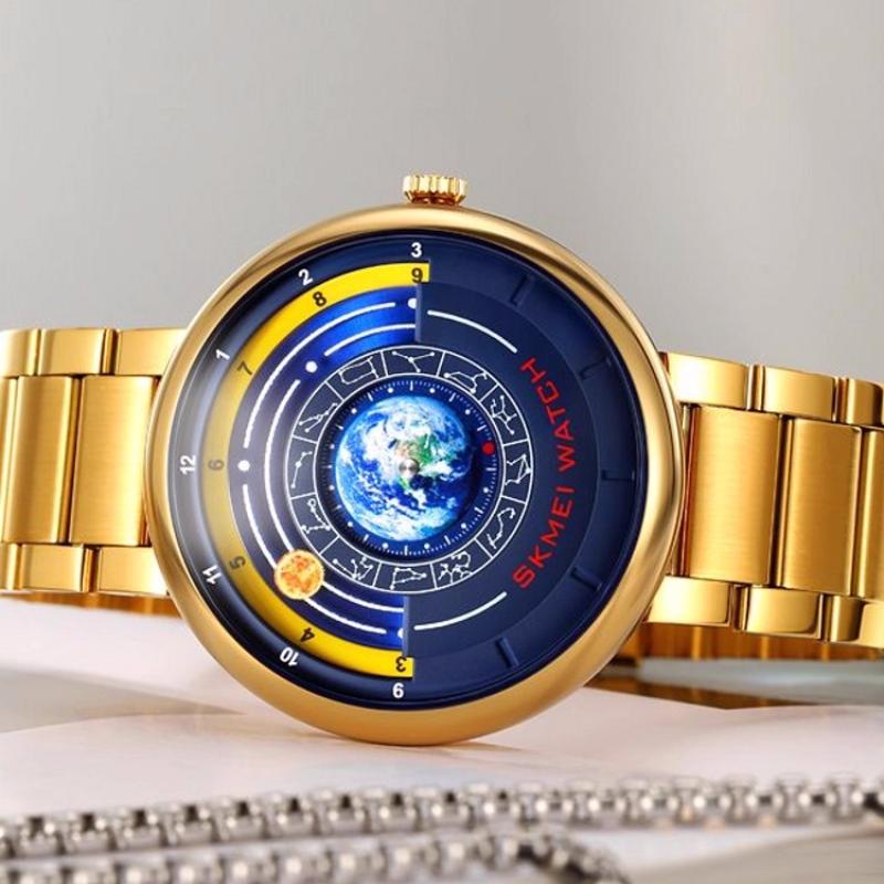 SKMEI Unique Earth Watch Men Fashion Watches Business Stainless Steel Waterproof Quartz Watch For Man