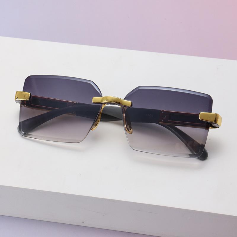 Fashion Frameless Trimmed Small Frame Square Sunglasses Anti-Wood Grain Legs Blue Lens Sunglasses Adult