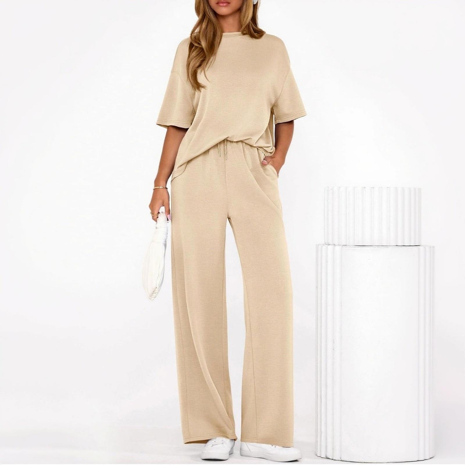 

Жіночий літній повсякденний костюм з двох предметів: трохи вільний топ і штани XL бежевий