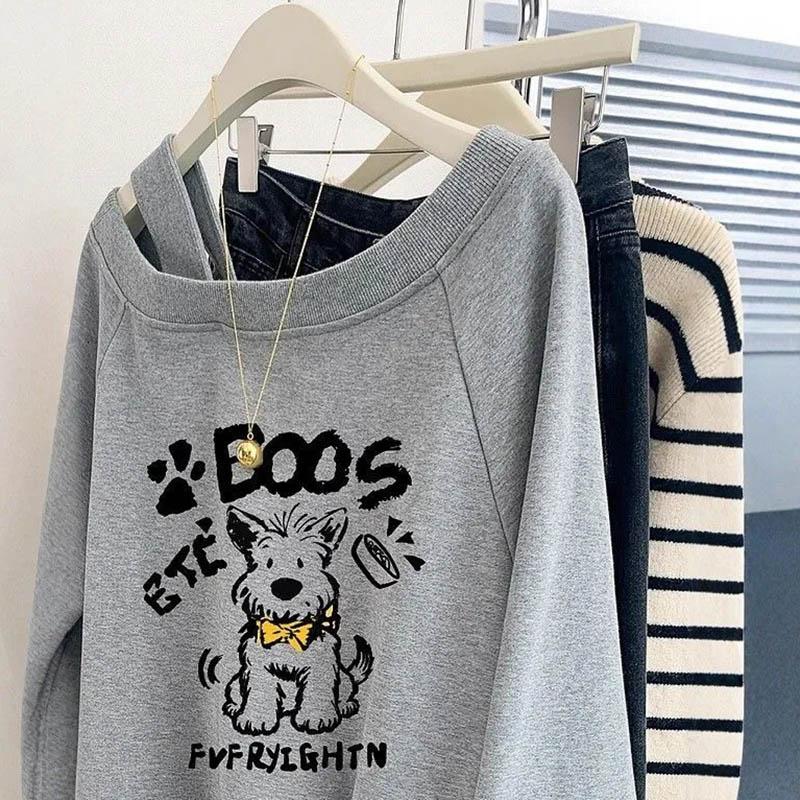 Sweatshirt for Women Cotton Oversize American-Style Off-Shoulder Loose Casual Pullover Long Sleeve Top Sweatshirt