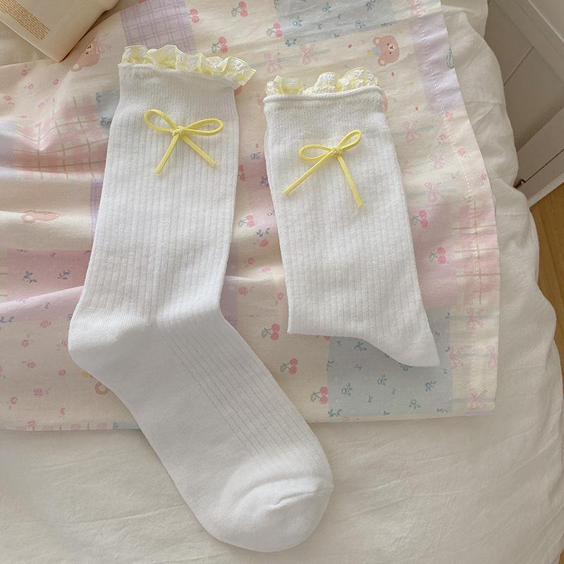 Słodkie skarpetki do połowy łydki z koronką w kratkę dla dziewczynek, cienkie, letnie, urocze dziewczynki, skarpetki frotte z kokardką, długie skarpetki