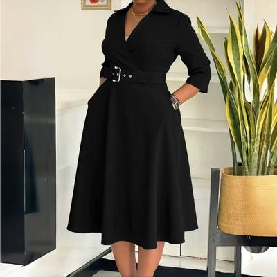 LYRIA Large Size Women's Autumn New Lapel Fashion Temperament Solid Color Swing Skirt Dress