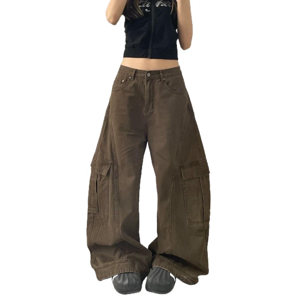 FansiYu 2025 Autumn High-Waisted Loose Straight Leg Cargo Jeans for Women