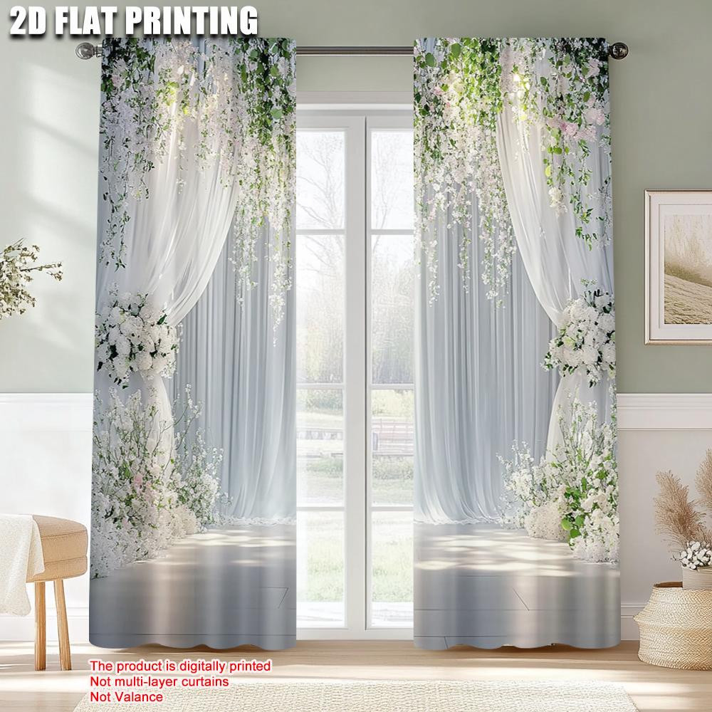 2pcs, Light Filtering Curtains 2D Print Floral Rose Retro White Versatile Durable Polyester (without Rod) All Seasons Perfect