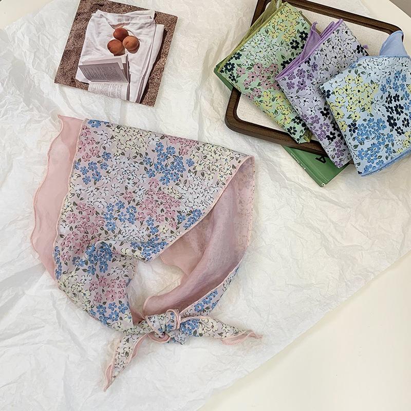 Triangle scarf, headscarf, summer women's pastoral new double-layer breathable floral small silk scarf, headband, tied hair streamer