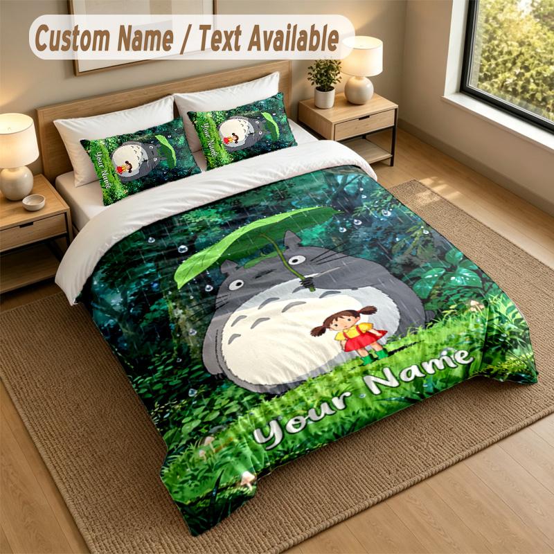 3Pcs Bedding Set Custom Name Text, 1 Sheet 2 Pillowcases Home Bed DecorMy Neighbor Totoro